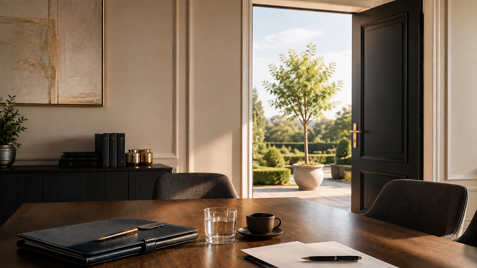 Eleganter Besprechungsraum mit dunklem Holztisch, marineblauer Ledermappe, Stift, Wasserglas und Kaffeetasse; durch eine offene Tür blickt man in einen gepflegten Garten mit einem kleinen Baum